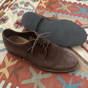 Soft suede oxfords from Brunello Cucinelli. Vibram gumlite soles show rare wear.